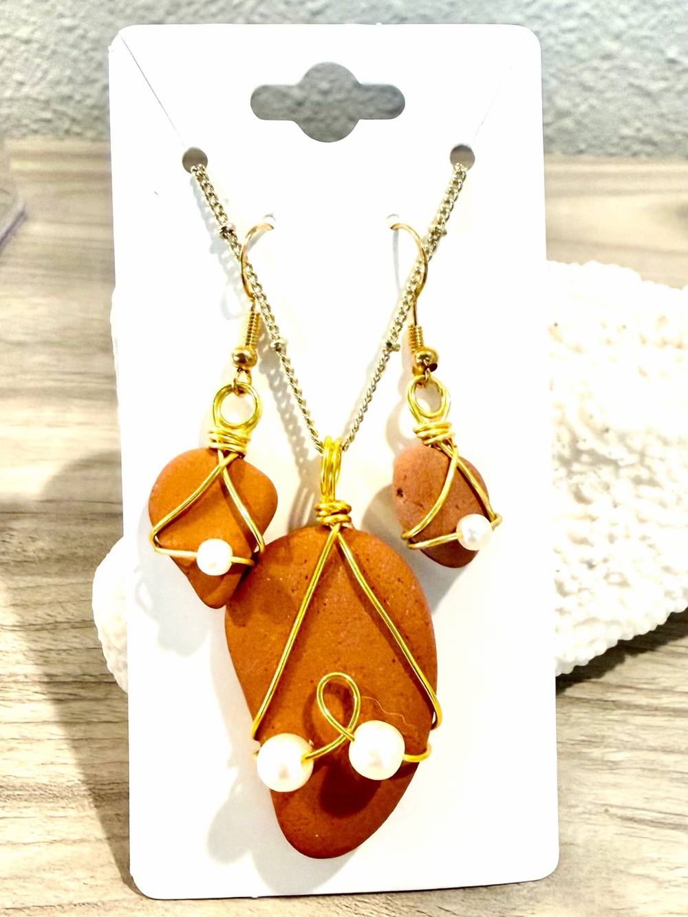 120. Mediterranean sea tile Necklace & Earrings Set - Gold Wire with Pearls